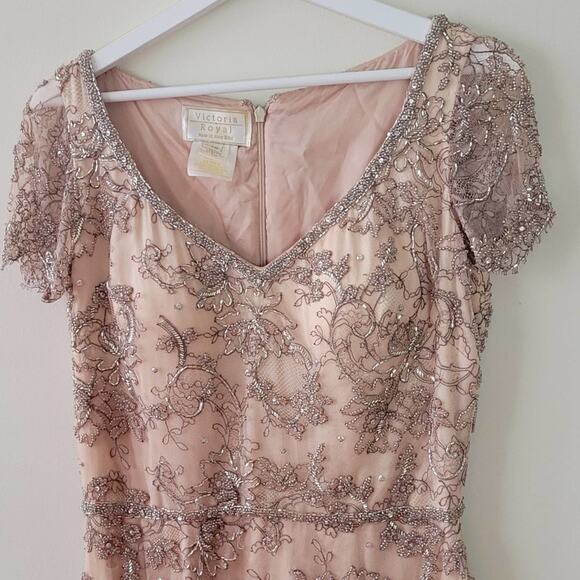 Victoria Royal Vintage Beaded Lace Champagne Gown - Picture 12 of 16